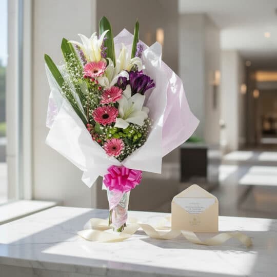 Bouquet de flores GIA con gerberas rosadas, lirios blancos y flores moradas, envuelto en papel blanco y rosa, con cinta fucsi