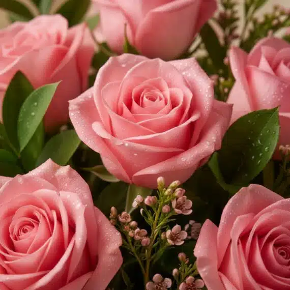 Primer plano extremo de rosas rosadas frescas con gotas de rocío, destacando la textura hiperrealista y colores vibrantes del