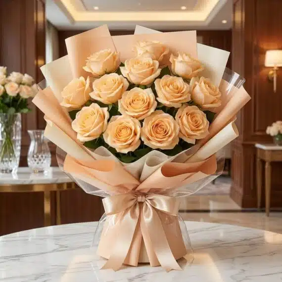 Bouquet de 12 Rosas Celestina: Un Regalo para Enamorar Bouquet de 12 rosas Celestina color melocotón en empaque coreano, sobre mesa de mármol en un ambiente elegante de floristería