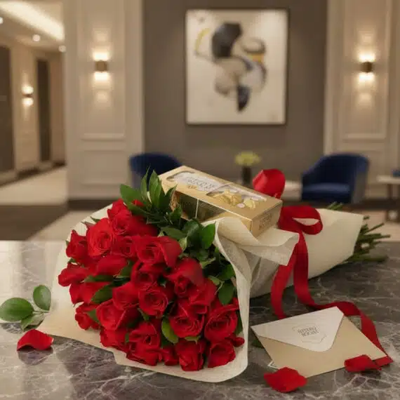 Elegante bouquet de rosas rojas frescas con bombones Ferrero Rocher y tarjeta de regalo sobre mesa de mármol.