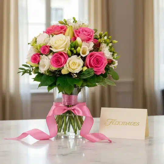 Bouquet de rosas rosadas y blancas LARAINA en jarrón de cristal con cinta rosa y tarjeta de felicitación sobre mármol.