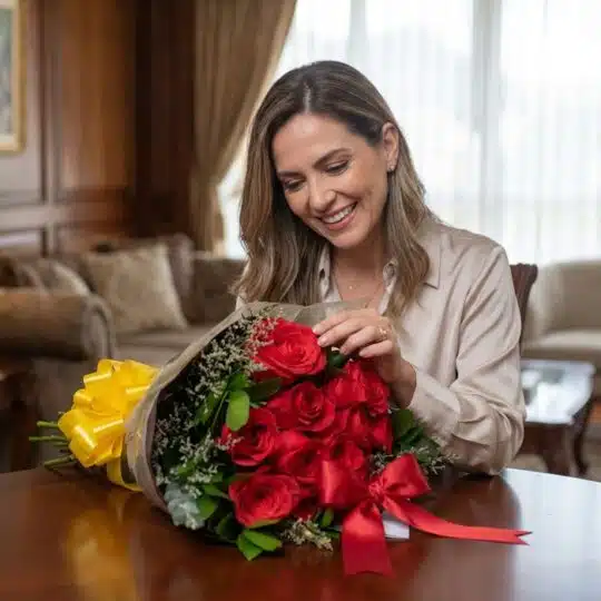 Mujer sonriente y elegante admirando un hermoso bouquet de rosas rojas, envuelto en papel kraft con un moño amarillo y otro r