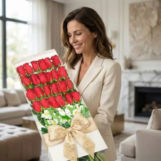 Mujer elegante sonriendo y admirando una caja blanca con 24 rosas rojas frescas y un moño dorado, en un lujoso salón.