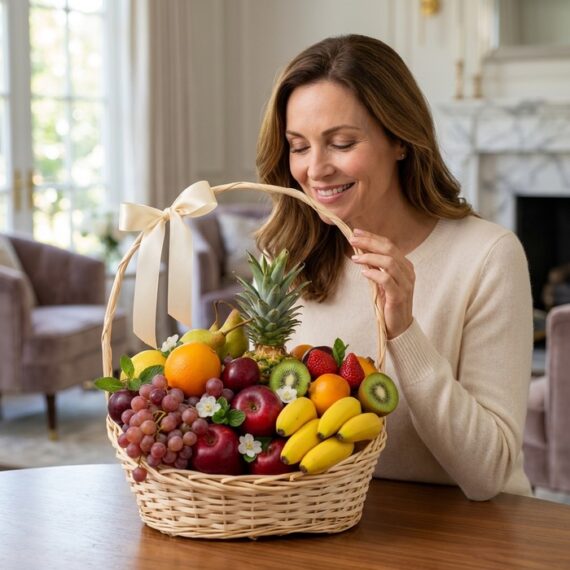 Mujer elegante admirando una canasta de mimbre llena de frutas frescas como piña, uvas, manzanas, plátanos y kiwis, con un mo