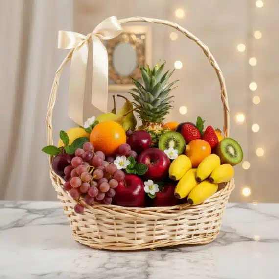 Canasta con Frutas Canes: El Regalo Perfecto y Saludable para Toda Ocasion Canasta de mimbre con frutas frescas variadas como piña, uvas, manzanas, kiwis, naranjas, peras, fresas y plátanos, decorada