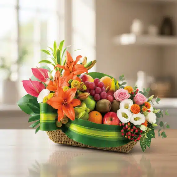 Elegante Cesta Frutal THALIA con Lirios y Anturios Frescos Cesta de frutas THALIA con lirios naranjas, anturios rosas, rosas, uvas, manzanas, kiwis y naranjas, sobre mesa de madera cla