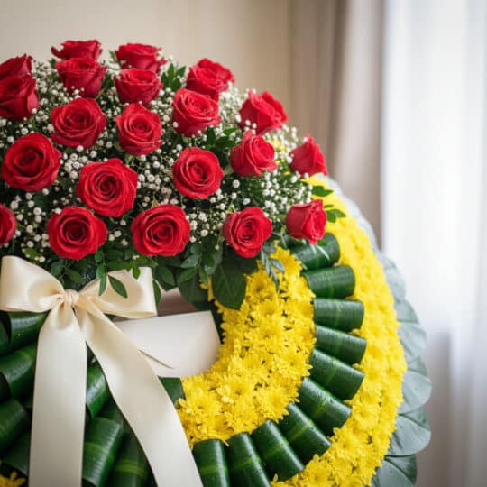 Detalle macro de la Corona Fúnebre Adela, con rosas rojas frescas, follaje verde y flores amarillas, realzando la textura y e