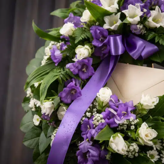 Primer plano de una corona fúnebre 'Homenaje a Daniel' con flores blancas y moradas, follaje verde, cinta satinada morada con