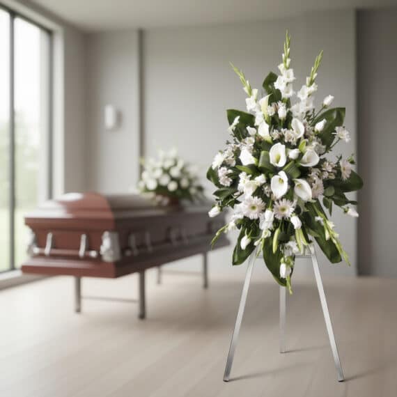 Corona fúnebre Homenaje Guadalupe con lirios blancos, gladiolos y calas, en sala de velación moderna con ataúd desenfocado al