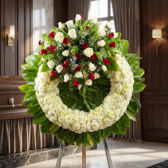 Corona Fúnebre «Legado de Hildegarda»: Rosas Blancas y Rojas, Elegancia Sobria Corona fúnebre "Legado de Hildegarda" con rosas blancas y rojas, crisantemos blancos y follaje verde, en sala de velación pre