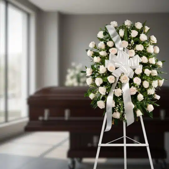 Corona fúnebre ovalada de rosas blancas y lazo blanco, sobre trípode en sala de velación moderna con ataúd desenfocado al fon