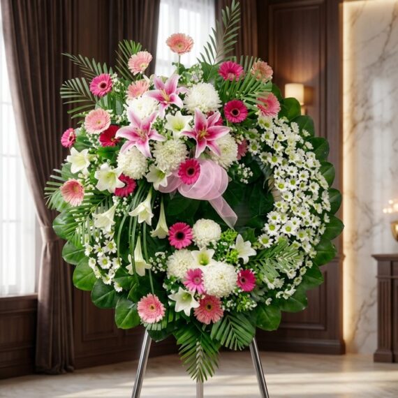 Corona Fúnebre Solemne «Homenaje a Mathias»: Elegancia y Respeto Corona fúnebre solemne "Homenaje a Mathias" con lirios blancos, gerberas rosas y crisantemos blancos, en una sala de velación