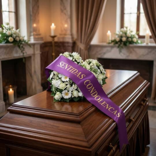 Cubre caja fúnebre con arreglo floral blanco y morado, destacando una cinta satinada morada con el texto 'SENTIDAS CONDOLENCI