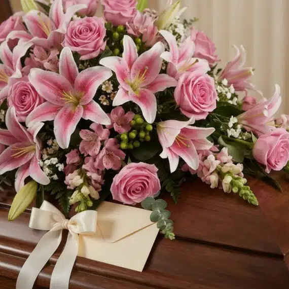 Cubre caja fúnebre Ifigenia con rosas rosadas, lirios y follaje verde, con rocío sutil y cinta satinada, en una fotografía ma