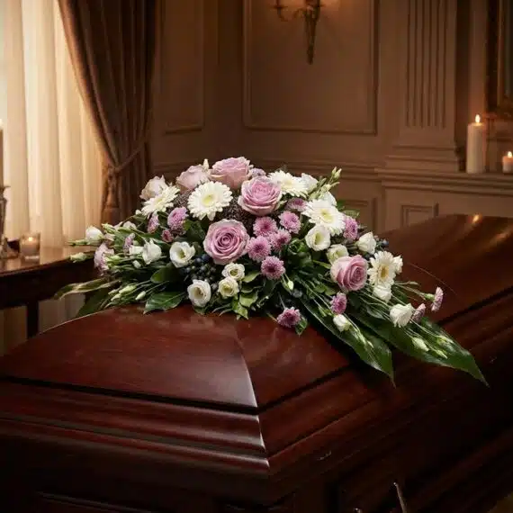 Sereno Cubre Caja Fúnebre «Jardín de Ines» 🕊️: Elegancia y Respeto Cubre caja fúnebre "Jardín de Ines" con rosas lilas, margaritas blancas y flores moradas sobre un ataúd de madera oscura en u