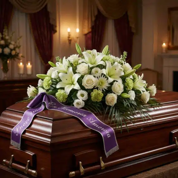 Cubre caja fúnebre "Legado Eterno de Tomás" con lirios, rosas blancas y cinta morada en sala de velación premium, luz difusa.