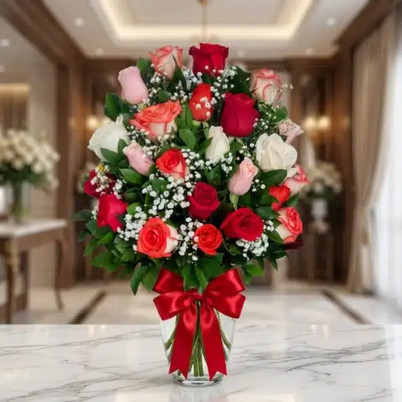 Jarrón de cristal con 18 rosas de varios colores (rojas, blancas, rosas, naranjas) y follaje verde, adornado con un moño rojo