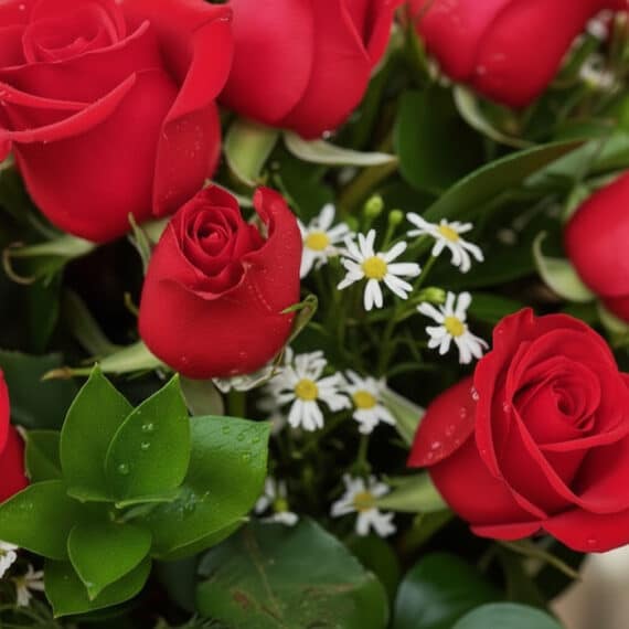 Primer plano extremo de un jarrón con 18 rosas rojas, mostrando texturas hiperrealistas, sutiles gotas de rocío y hojas verde