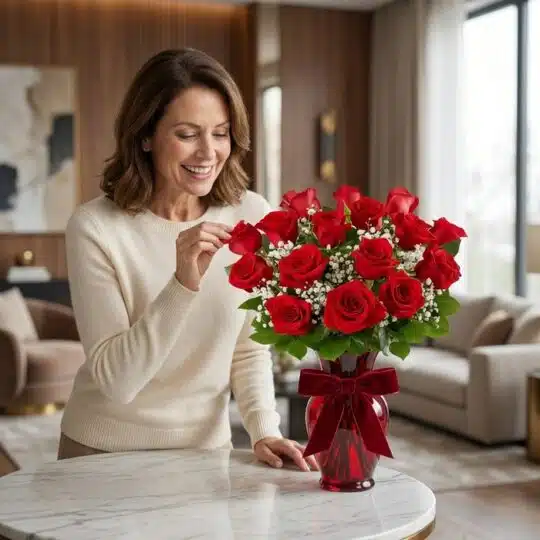 Mujer sonriente admirando un Jarrón Amor Incondicional con rosas rojas frescas y follaje verde, en un elegante hogar de alto
