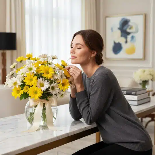 Mujer joven y elegante oliendo delicadamente un ramo de margaritas amarillas y blancas en un jarrón de cristal con un lazo be