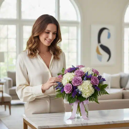Mujer elegante admirando el Jarron Floral VITTORIA con rosas lilas, hortensias blancas y lavanda, en un interior de lujo.