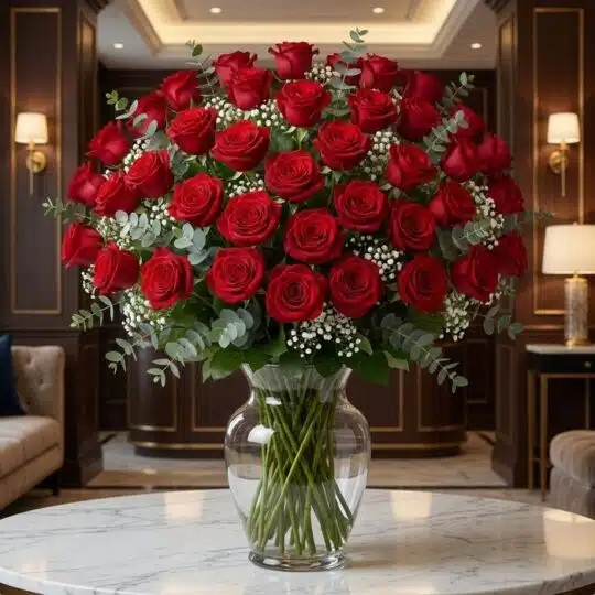 Impresionante jarrón GINEVRA con 80 rosas rojas frescas y abiertas, rodeadas de follaje verde y pequeñas flores blancas, sobr