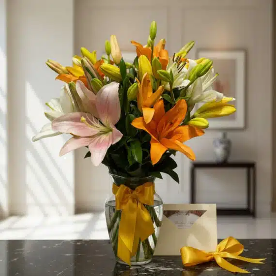 Jarrón de cristal con un vibrante ramo de lirios de varios colores (rosas, naranjas, amarillos y blancos) sobre una superfici