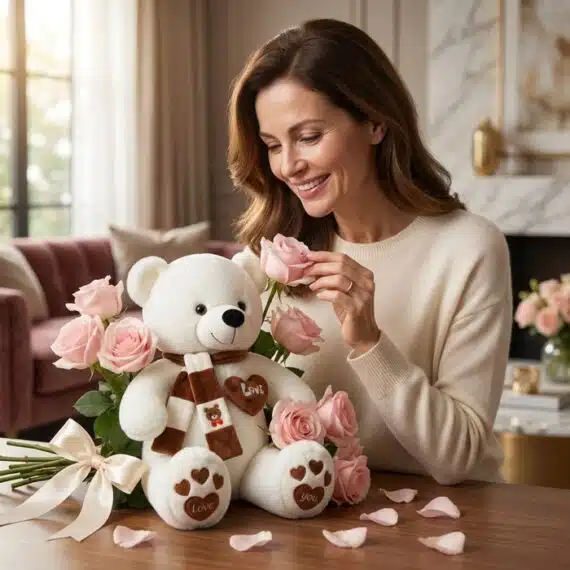 Mujer elegante sonriendo y oliendo una rosa rosada, junto a un oso de felpa blanco con un ramo de rosas rosadas en un ambient