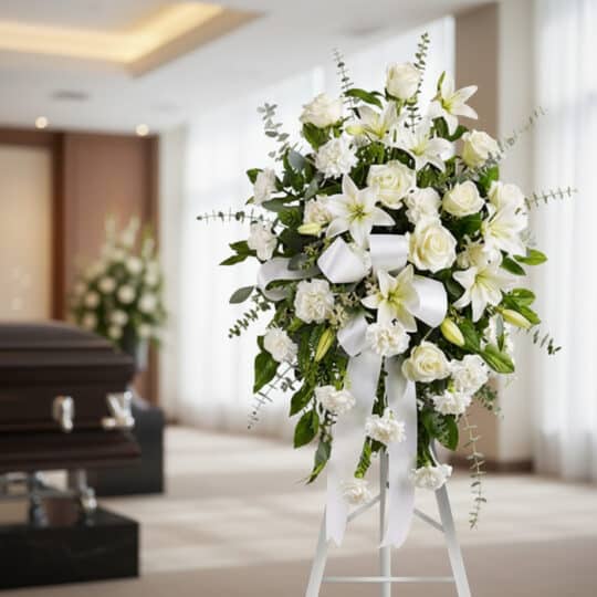 Pedestal conmemorativo Santuario para el Homenaje a PAREDES, arreglo floral blanco con rosas, lirios y claveles en sala de ve