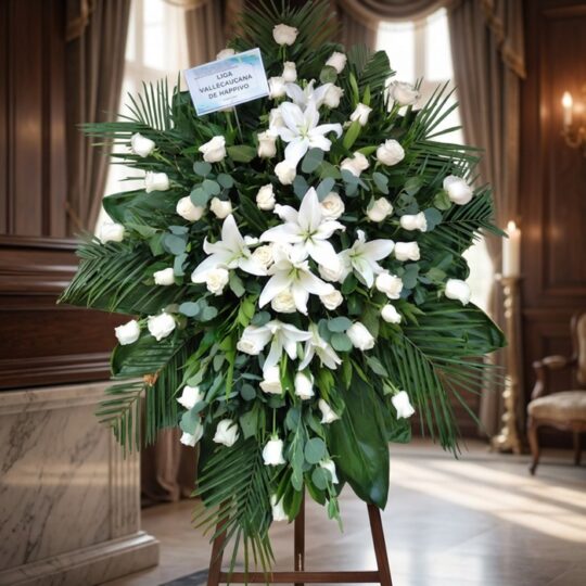 Pedestal fúnebre 'Eternidad' con rosas blancas, lirios y follaje verde, en una elegante sala de velación con luz natural suav
