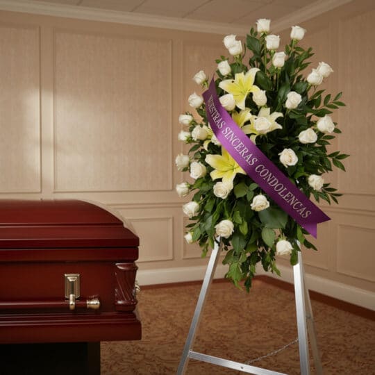 Pedestal fúnebre "Luz de Jacinta" con rosas blancas y lirios amarillos, cinta morada con mensaje de condolencia, junto a un a