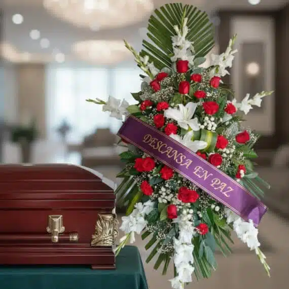 Impresionante pedestal fúnebre Homenaje con rosas rojas, lilies blancas y gladiolos, adornado con una cinta morada que dice '