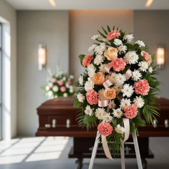 Pedestal fúnebre de homenaje para Timoteo, con claveles salmón, rosas melocotón y crisantemos blancos, en una sala de velació