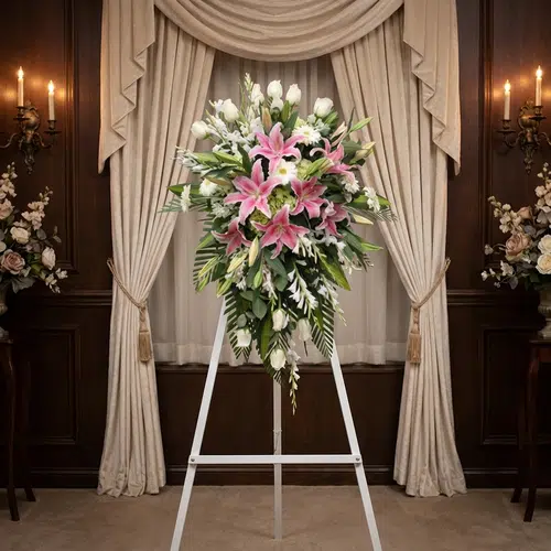 Impresionante pedestal fúnebre "Legado Eterno" con lirios rosados, rosas blancas y follaje exuberante, exhibido en una elegan