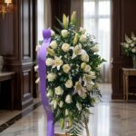 Pedestal fúnebre Salvación con rosas blancas, lirios y follaje verde, presentado en una sala de velación premium con luz natu