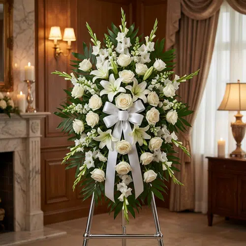 Pedestal de Honor Abdon: Tributo Eterno Personalizado con Rosas Blancas Pedestal de honor Abdon con rosas blancas, lirios y gladiolos en una elegante sala de velación, ideal para homenajes póstumos