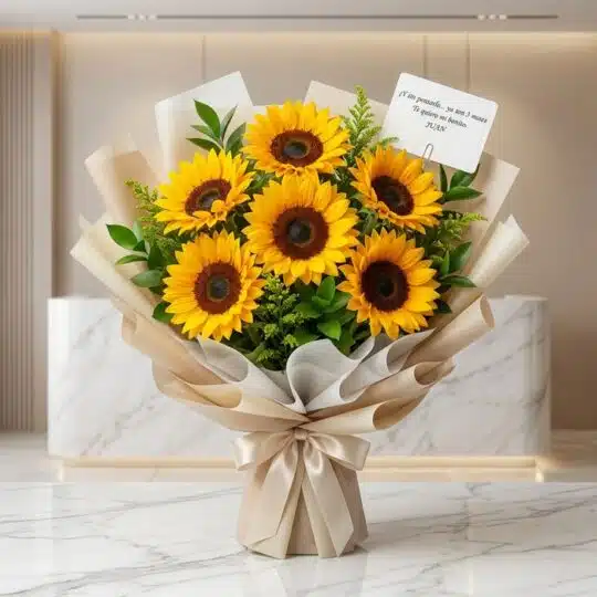 Ramillete de seis girasoles grandes y vibrantes con follaje verde, envuelto en papel coreano beige y blanco con un lazo de sa