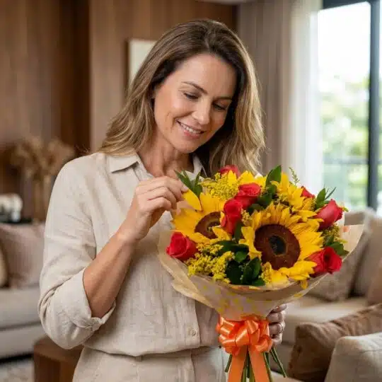 Mujer de mediana edad, elegante y natural, admirando con deleite un ramillete o bouquet de girasoles y rosas rojas en un inte