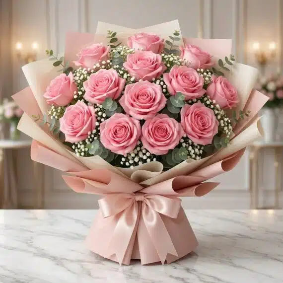 Ramillete de Rosas Rosadas con Empaque Coreano Elegante Ramillete o bouquet de 12 rosas rosadas grandes y abiertas con follaje, envuelto en papel coreano rosa y beige, atado con un