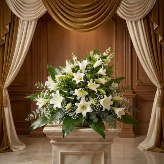 Ramo fúnebre Abdiel con lirios blancos y follaje verde, presentado elegantemente en una sala de velación con cortinas doradas