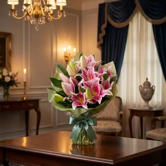 Solemne Ramo Fúnebre de Homenaje Eli con Lirios Rosados Elegante ramo fúnebre 'Eli' con lirios rosados y capullos verdes, envuelto en papel verde y lazo de seda, sobre una mesa de m